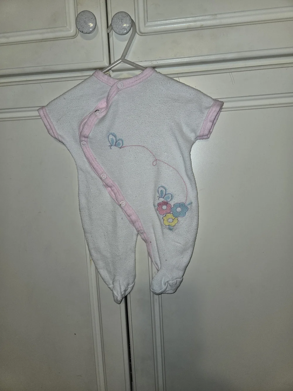 White Baby Footed One-Piece with Pink Trim and Floral Embroidery